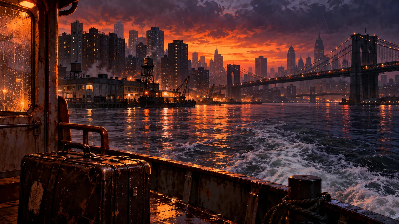AI illustration: A worn suitcase aboard a ferry approaching a rainy harbor city.