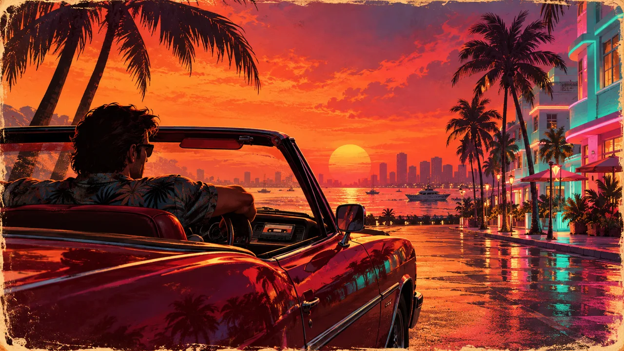 AI illustration: A vintage convertible on an imagined eighties-style art-deco boulevard.