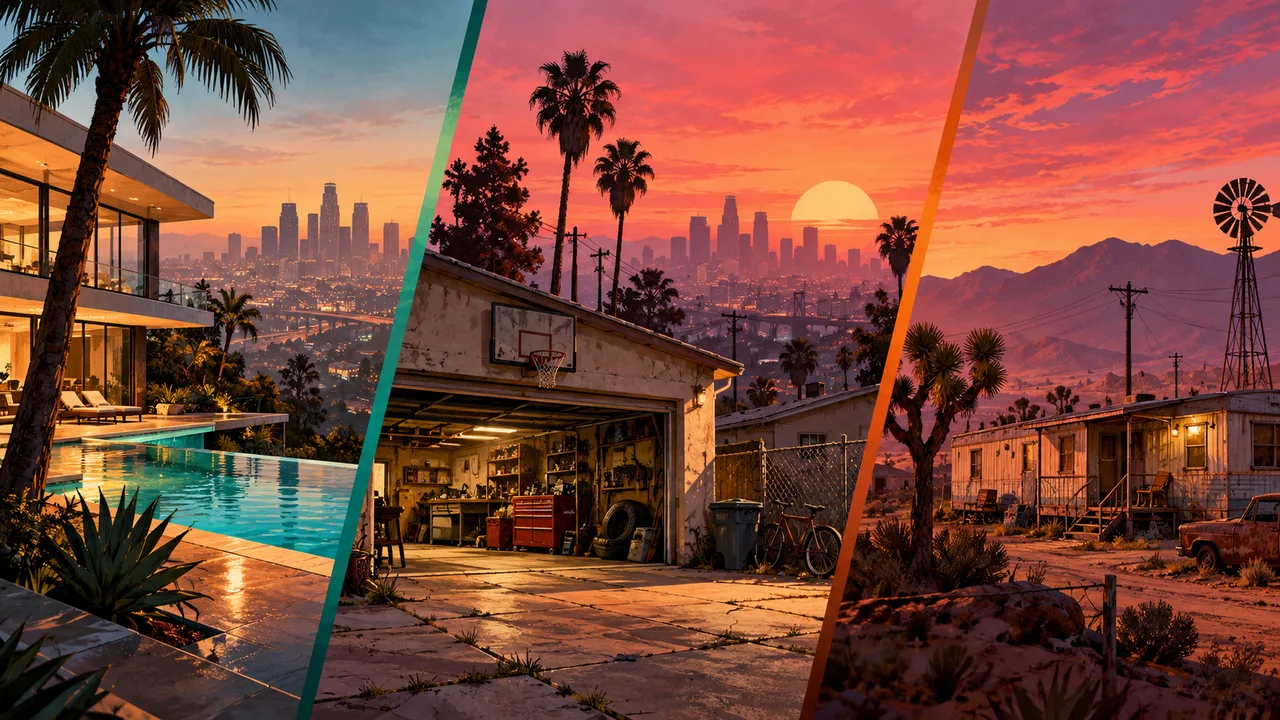 AI illustration: Three panels showing a hillside home, neighborhood garage and desert trailer.