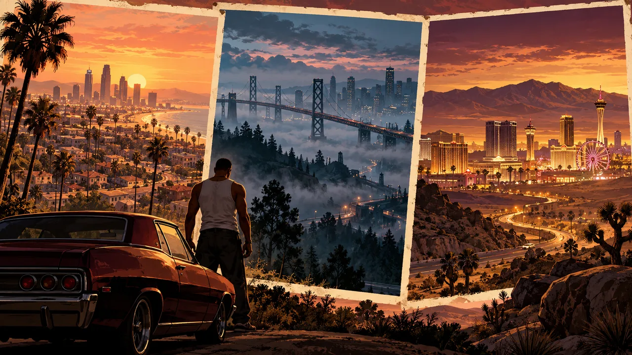 AI illustration: Three postcard scenes showing a coastal neighborhood, foggy bridge city and desert skyline.