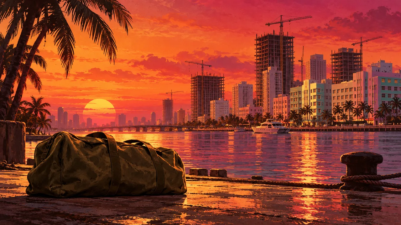 AI illustration: A duffel bag on a tropical quay with hotel construction across the water.